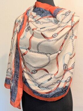 Fabulous Equestrian Fleur De Lis Pattern Red Cream And Blue 72" X 24" Scarf